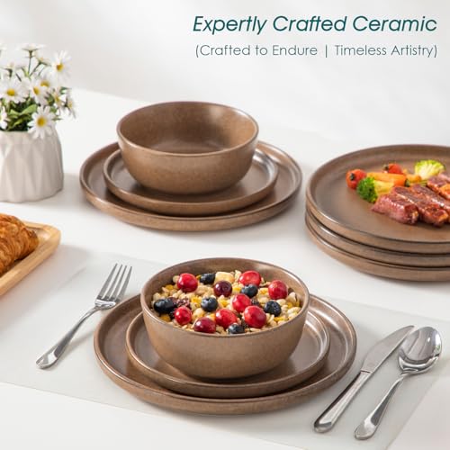 Image of vancasso Plates and Bowls Sets, 24 Pieces Stoneware Dinnerware Set for 8, Ceramic Dish Set for Kitchen, Microwave and Dishwasher Safe, Muted Brown, Series ZERMATT