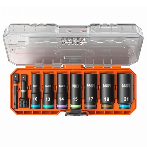 Image of Klein Tools 65109IMPCTM KNECT Deep-Well 3 /8-Inch Drive Impact Socket Set, Metric, 9-Piece Tool Set with Impact Driver Adapter, Multi-Purpose Wrench Adapter, Color-Coded, MODbox Socket Organizer