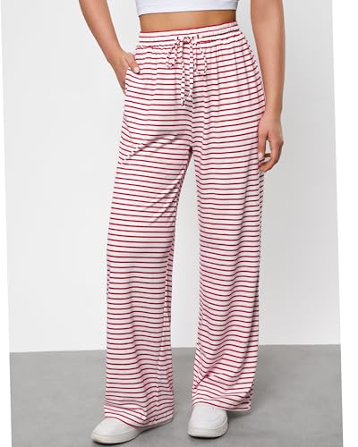 GRAPENT Striped Wide Leg Pants Woman High Waisted Pull On Elastic Waist Casual Lounge Comfy Loose Fit Pants with Pockets4