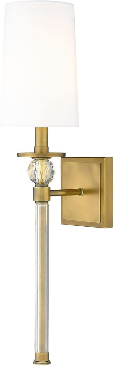 Rubbed Brass and Crystal 25" Wall Sconce with White Shade