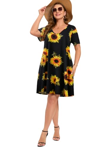 Image of ZENNILO Women's Plus Size Swing Dress with Pockets Casual Summer Dresses V Neck Short Sleeve T Shirt Dress for Women