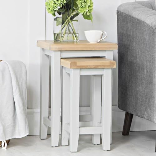 Home Source Fully Assembled Living Room Nest of 2 Side Lamp End Tables, Solid Oak Veneer, Grey Painted Pine Wood Frame