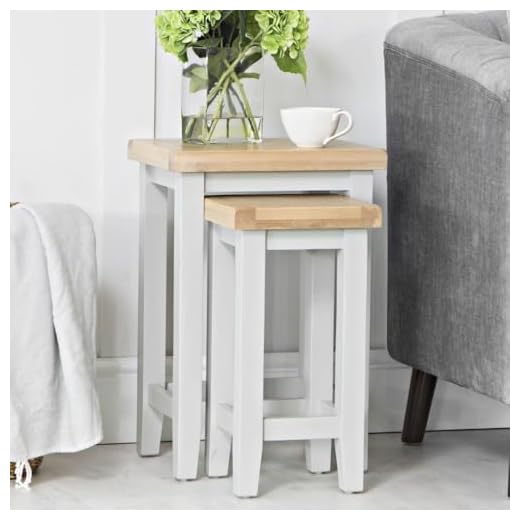 Home Source Fully Assembled Living Room Nest of 2 Side Lamp End Tables, Solid Oak Veneer, Grey Painted Pine Wood Frame