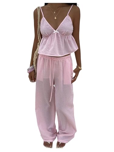 Floerns Women's Summer 2 Piece Outfit Cute Plaid Gingham Ruffle Hem Crop Cami Tops with Long Pants Set Pink Multi X-Small