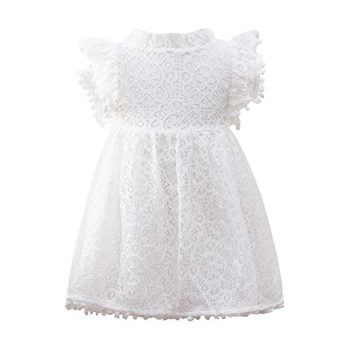 1-5T Kids Girl Hollow Lace Dress pom pom Short Sleeve Princess Frilled Waist Dress (5-6T, White)