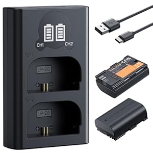 K&F CONCEPT LP-E6NH hohe Kapazität 2600mAh Zwei Akkus und EIN Ladegerät (2er Pack) und 2-Slot Ladegerät Akku-Kit, Kompatibel mit Canon EOS R7 R5 EOS R6 EOS R 5D II III IV 6D II 7D II 60D 70D 80D 90D