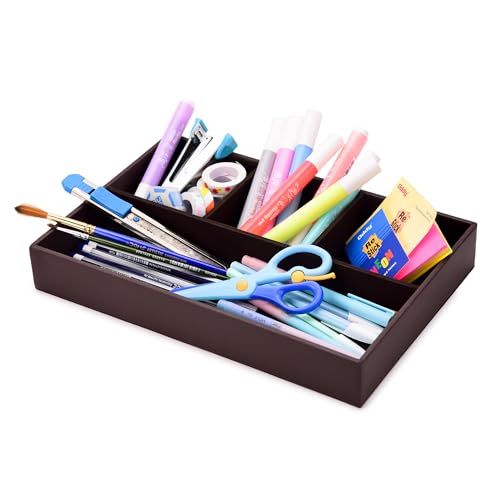 Image of Faux Leather Desk Organizer Tray| 4 Compartment for Multi-Functional, Office, Study Table, Tray, Cosmetic Organizer(Brown)