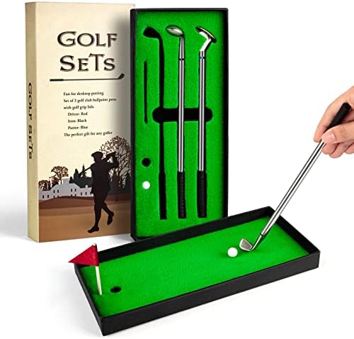 Juboury Golf Pen Set, Mini Desktop Golf Ball Pen Gift Set with Putting Green, Flag,3 Golf Clubs Pens & 2 Balls, Christmas Stocking Stuffers for Adults Coworkers Men Boss