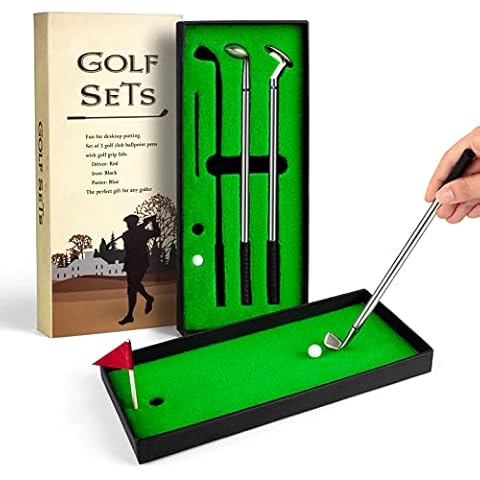 Juboury Golf Pen Set, Mini Desktop Golf Ball Pen Gift Set with Putting Green, Flag,3 Golf Clubs Pens & 2 Balls, from Daughter Son Wife Cover