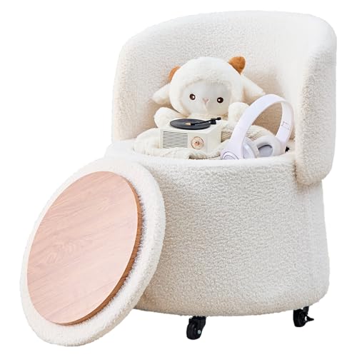 Mxfurhawa Storage Ottoman Modern Vanity Stool with Back Teddy Velvet Footstool with 5 Universal Wheels for Extra Seating Small Side Table Footrest Stool Makeup, Bedroom (White)