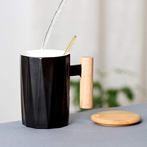 Wooden Handle Coffee Mug, Ceramic Cup With Bamboo Lid And Spoon - Ceramic Milk, Tea Cup Set For Office And Home, Health Gift,Maximum Capacity 11.6Oz (Black&White) (Black) #TOP3
