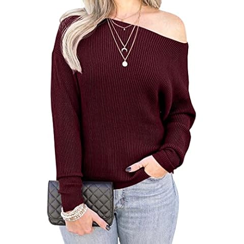 IWOLLENCE Off The Shoulder Sweaters for Women Waffle Knit Batwing Long Sleeve Loose Pullover Sweater, 03 Wine Red, S Cover