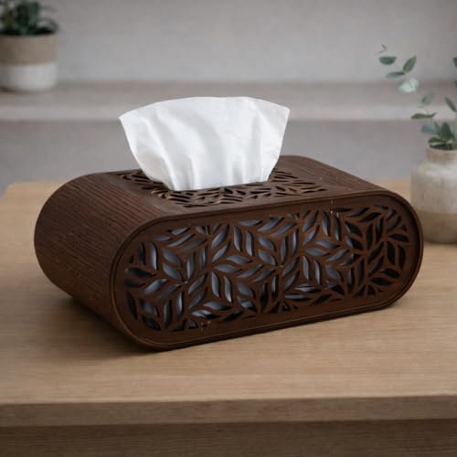 Image of Elegant Light Wooden Tissue Box Holder with Floral Laser-Cut Design - Premium Decorative Tissue Case for Home, Office & Tabletop Use (Standard Size Fit, Natural Finish)
