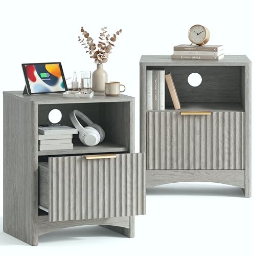 Image of Marsail Fluted Nightstand Set of 2, Wooden Nightstands with Drawers, Modern Bedside Table with Charging Station and Storage, End Table with Storage Side Table for Bedroom, Grey