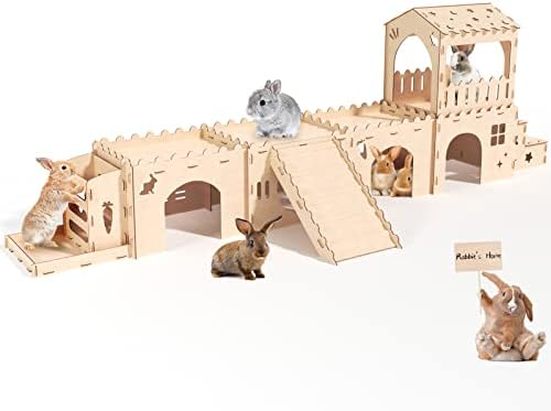 Woiworco Extra Large Wooden Rabbit Hideout, Large Rabbit Castle Bunny Hideout, Rabbit Tunnel Hideout Bunny Rabbits Play Houses, Spacious Breathable Habitats for Hamsters and Guinea Pigs Small Animals