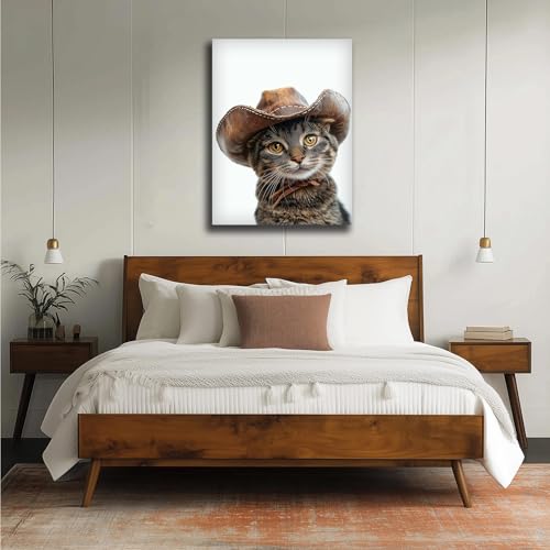Toile murale chat cowboy fantaisiste 80x120cm sans cadre décoration salon et chambre d'enfant