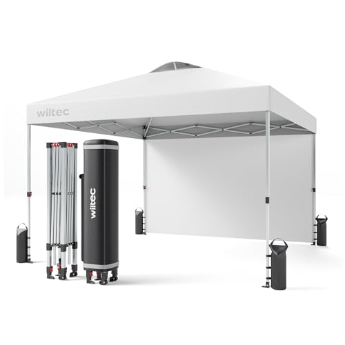 Wiltec Pop up Pavillon 3 x 3 m weiß mit Seitenteil, Faltpavillon mit Rädern und „One Push“-Technologie, Gartenpavillon mit höhenverstellbaren Beinen