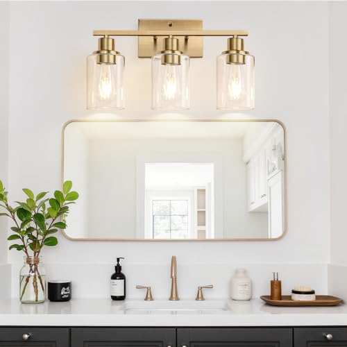 Image of Indoi 3-Light Bathroom Light Fixtures, Brass Modern Vanity Lights with Clear Glass Shades, Bathroom Wall Lamp for Mirror Living Room Cabinet Bedroom Porch