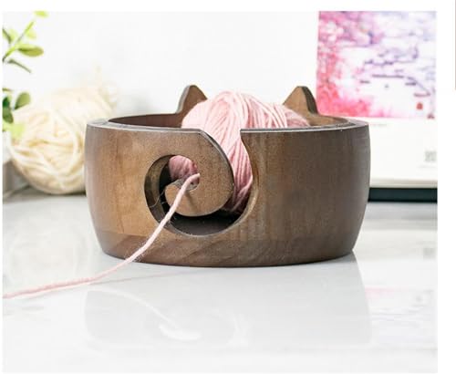 Image of Cute Cat Yarn Bowl, New Yarn Bowls Yarn Storage Bowl with Carved Holes & Drill, Creative Wooden Handmade Round Woolen Bowl for DIY Knitting Crocheting Accessories (Brown)