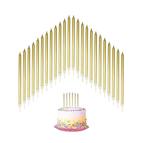 24 PCS Birthday Candles for Cakes, Cake Sparklers with Holders, 13.5CM Long Cake Candles, for Baby Birthday Wedding Party Decoration, Birthday Cake Candles (Gold)