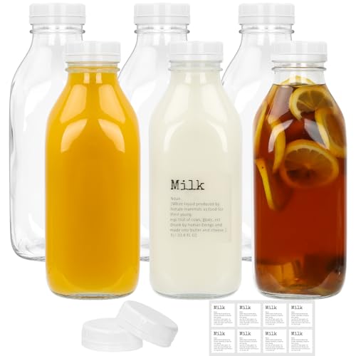 DHSBTLS Lot de 6 bouteilles de lait en verre réutilisables, 1 l, pour réfrigérateur, pot à jus hermétique et transparent pour jus, miel, sirop, 3...