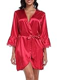 expressbuynow Women's Satin Robe Short Lace Trim Silk Kimono Bride Bridesmaids Robe with 3/4 Sleeve Sexy Sleepwear, Wine S