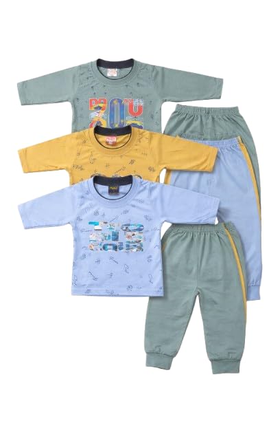 Image of Baby Boy & Baby Girl's Fabulous Collection of Printed Full Sleeves Soft Hosiery Cotton Multicolor Vests T-Shirts with Pyjama Pants Dress for Kids