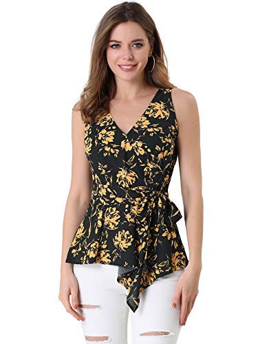 Allegra K Women s Striped Sleeveless V Neck Wrap Tie Waist Top Medium Black Yellow
