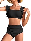 Costumi da Bagno Donna Curvy:Il bikini è composto da un elegante top con scollo quadrato e maniche a pipistrello, abbinato a uno slip a vita alta dal look retrò. Questa combinazione nasconde abilmente il grasso in eccesso sulle braccia e valorizza la silhouette.