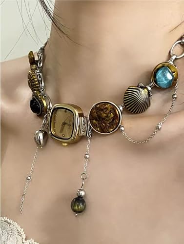 Vintage Watch Necklace with Gemstones, Seashell Charm, Gold-tone and Silver-tone Chain, Decorative Pendants3