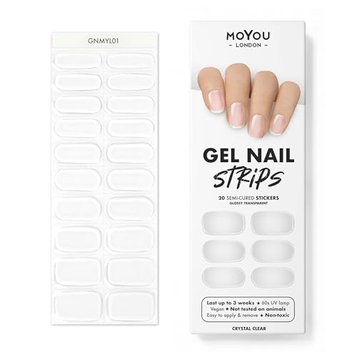 MOYOU LONDON Semi Cured Gel Nail Strips, 20 Pc. Gel Wraps for Nails, Easy Apply & Remove for Salon-Quality Manicure, Works with Any Nail Lamps - Crystal Clear