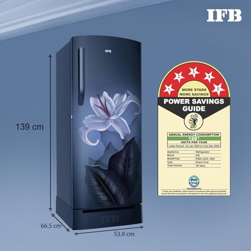 Image of IFB 197L 5 Star Direct Cool Single Door Refrigerator (IFBDC-2235DBBED, Midnight Blue Bloom, Advanced Inverter Compressor, Extraordinary Storage, Humidity Controller With Base Drawer)