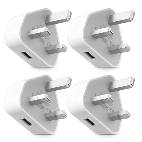 USB Charger Plug UK 4 Pack, 5V 1A USB Wall Plug Adaptor with 3-Pin UK Mains Adapter, Fast Safe Charging Compatible with iPhone 14/13/12/11/XR/XS/SE/8 for iPad Huawei Pixel Samsung