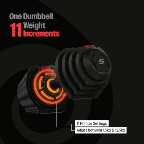 Image of Sparnod Fitness SAD 12.5 Adjustable Dumbbells 12.5kg (Set of 2) with 11 Weight Increments (1.5-12.5kg), One-Hand Quick Adjustment Safety Lock & Storage Rack, Ergonomic Non-Slip Grip, Premium Steel Build