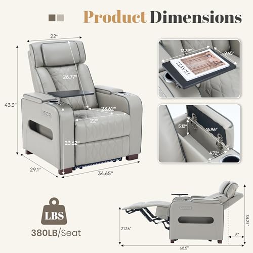Image of Luxury Home Theater Seating, Dual Motor Power Recliner Chair with Adjustable Headrests, Reclining Movie Theater Seats with Extended Footrest, Tray Table for Living Room (Grey)