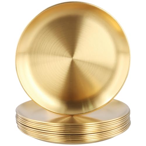 HONYUET 12 PCS 8 Inch Gold Stainless Steel Dinner Plate, 20cm Round Metal Dinner Plate for Steak Salad Camping BBQ Steak Pizza