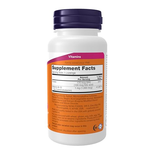 Image of NOW Foods Supplements, Vitamin B-12 1,000 mcg with Folic Acid, Nervous System Health*, 250 Chewable Lozenges, (Pack of 2)