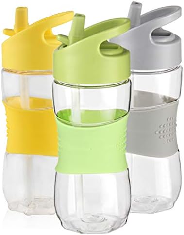 Sivaphe 350ml-400ml Bike Water Bottle for Kids Leak Proof Tritan Plastic Camping, Hiking, Cycling, Student Children Outdoor Activities Drinking Bottle with Handle and Silicone Straw(Green, Gray, Yellow)