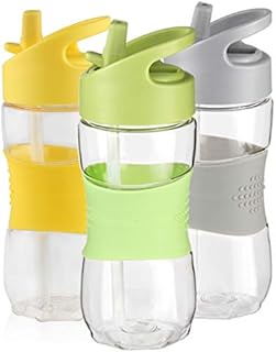 Sivaphe 350ml-400ml Bike Water Bottle for Kids Leak Proof Tritan Plastic Camping, Hiking, Cycling, Student Children Outdoor Activities Drinking Bottle with Handle and Silicone Straw(Green, Gray, Yellow)