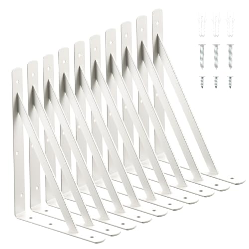 WellMade 12 x 8 Inch Heavy Duty Shelf Brackets, 10 Pack Rustproof Off-White Metal L Brackets for Wall Mounted Shelves, 600lb Load Capacity, Includes Screws