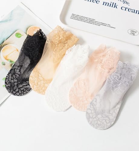 Lace Socks for Women Sheer Mesh Fishnet Thin Low Cut Ankle Transparent Casual Cotton Breathable 5 Pairs