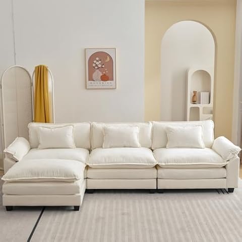 VUYUYU 120" Oversized Modern L Shaped Sectional Sofa with Convertible Chaise, Chenille Fabric Comfy Cloud Couch Deep Sectional Sofa with Ottoman for Living Room (Beige White, L-Shaped) Cover