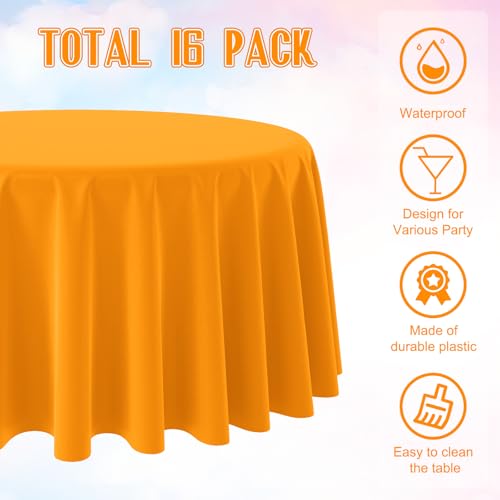 Image of 16 Pack Orange Plastic Tablecloths for Round Tables, Premium Decorative Orange Disposable Table Covers for Parties, Round Party Table Cover for Fall Autumn Birthday Thanksgiving Graduation, 84 Inch