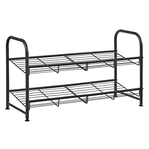 SONGMICS Schuhregal mit 2 Ablagen, stapelbarer Schuh-Organizer, für bis zu 8 Paar Schuhe, aus Stahl, 68,5 x 27,5 x 37 cm, für High Heels, Turnschuhe, Hausschuhe, schwarz LMR065B01