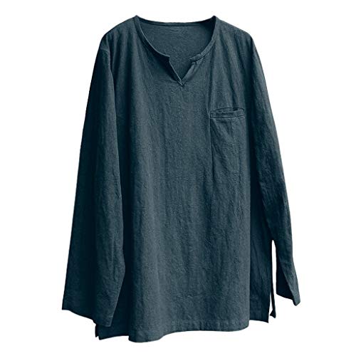 Mens v Neck t Shirts, Spring Linen Long Sleeve Blouse Casual Brief Shirts