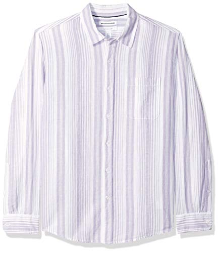 Amazon Essentials - Camisa regular de lino a cuadros con manga larga para hombre, Lavendar Stripe, US S (EU S)