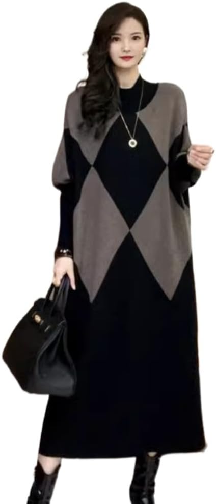 Autumn and Winter Wool Plaid Loose Large Size Sweater Dress Women's mid-Length Over-The- Knitted