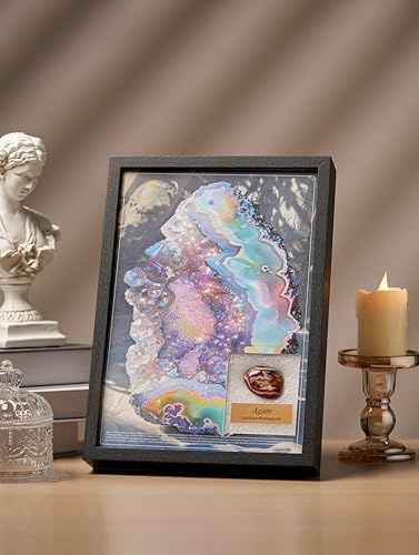 Image of Natural Mineral Specimen Shadow Box, Geology Collection Display Case, Home Decor Wall Art Tabletop Display with Real Rocks Crystals, Gift for Birthday Christmas Housewarming Children's Day(Agate, 9X12.75)