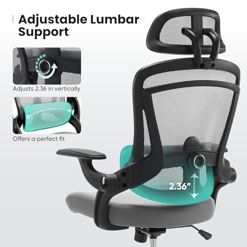 Sweetcrispy Ergonomic High Back Office Chair with 2D Headrest, Up&Down Lumbar Support, Swivel Computer Task Mesh Desk Chairs with Adjustable Flip-up Armrests,Grey - Image 5