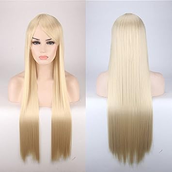 31" 80cm Long Straight Wig with Bangs Fashion Womens Cosplay Hair Wig Heat Resistant Wig for Halloween Costume PartyBeige